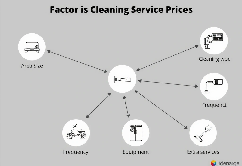 Diagram ukazující různé faktory ovlivňující cenu úklidových služeb, s ikonami a šipkami