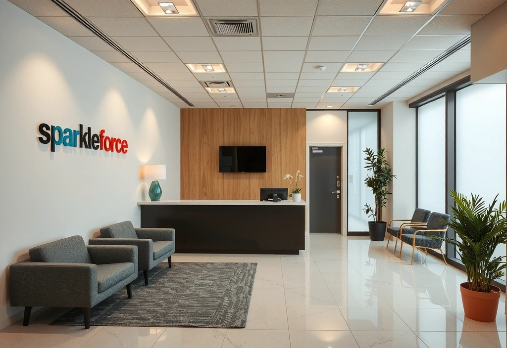 Moderní, čistá recepce kanceláře sparkleforce s minimalistickým designem a příjemným osvětlením.