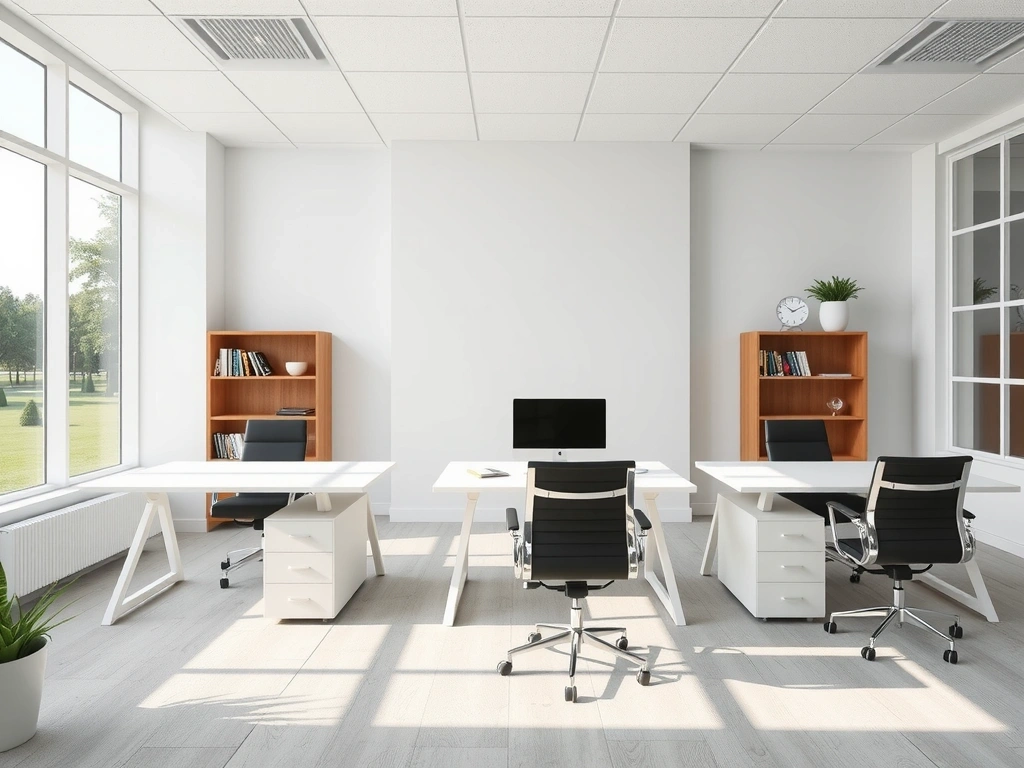 Moderní, čisté kancelářské prostory s elegantními stoly a židlemi.