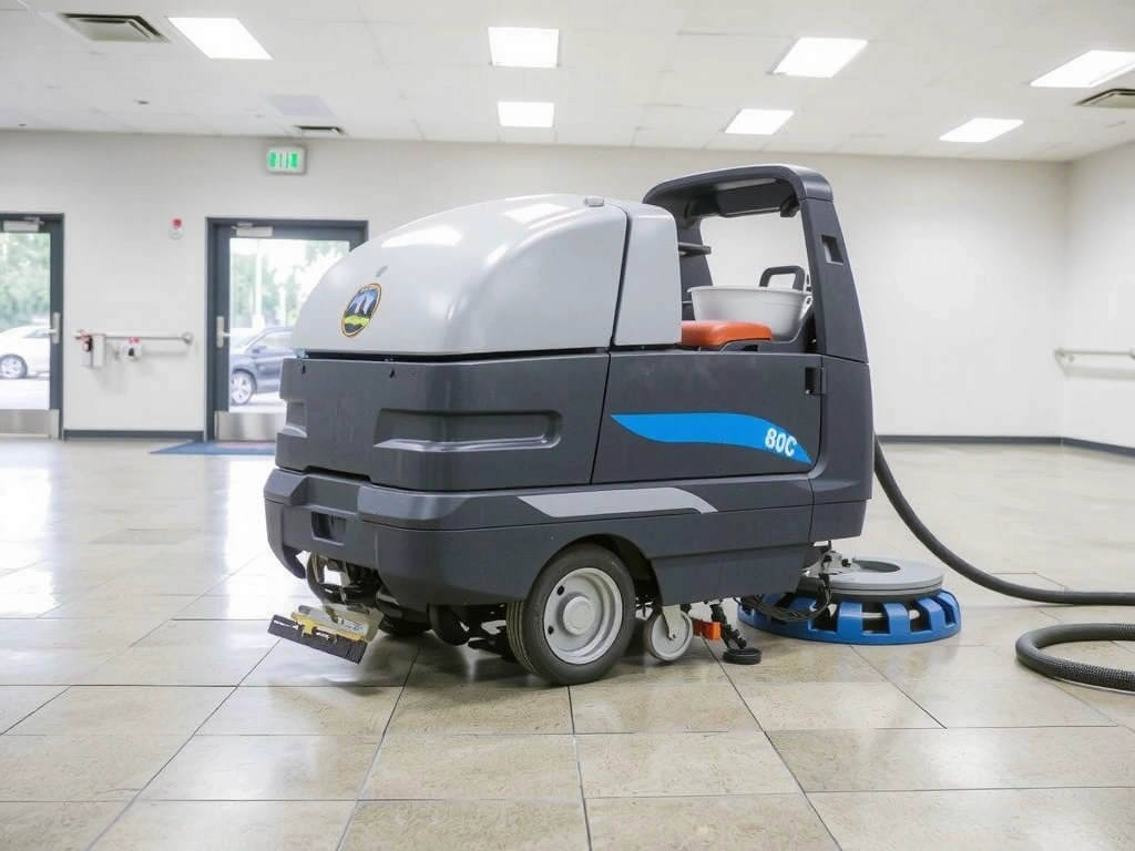 Specializované úklidové vybavení v akci, čistící podlahu.