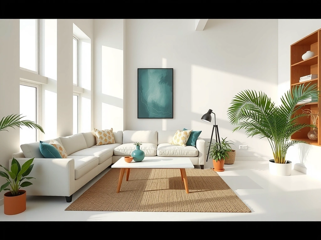 Čistý a uklizený interiér moderního obývacího pokoje s velkou pohovkou a zelenými rostlinami.