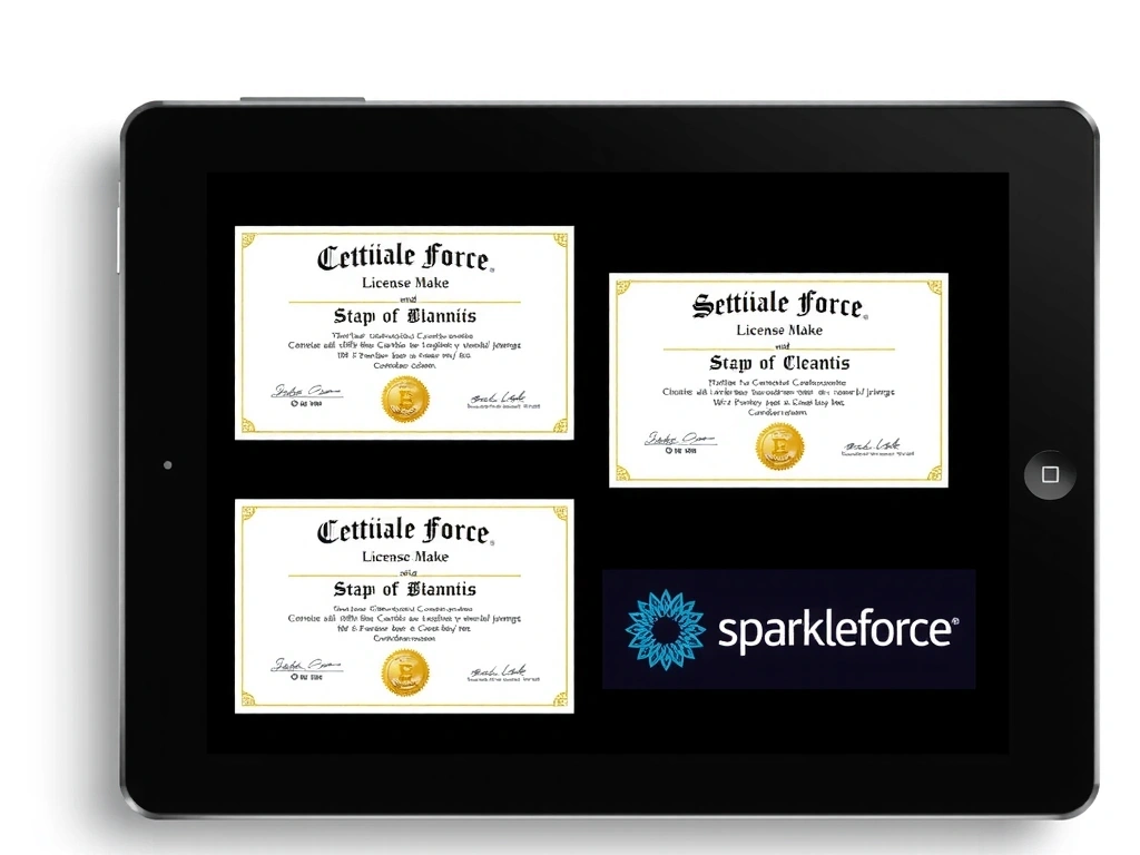 Digitální certifikáty a licence zobrazené na obrazovce tabletu s firemním logem sparkleforce.