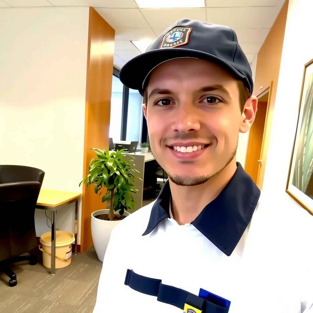 Portrét usměvavého a efektivního specialisty na úklid kanceláří.