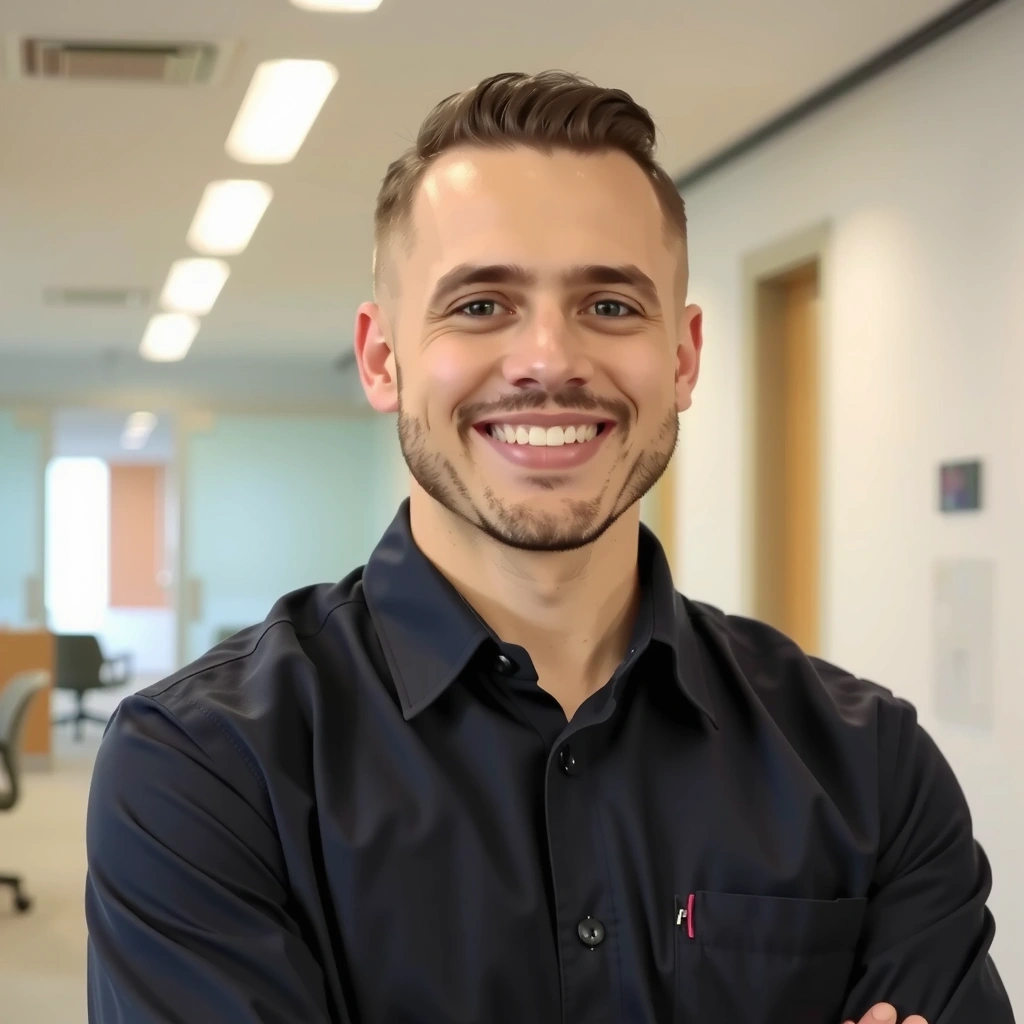 Portrét usměvavého a přátelského manažera úklidového týmu.