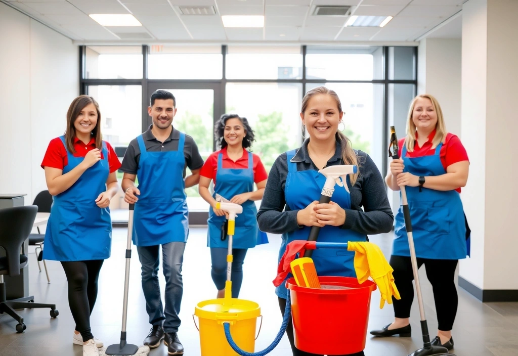 Tým sparkleforce s úsměvem a profesionálním úklidovým vybavením v moderní budově.
