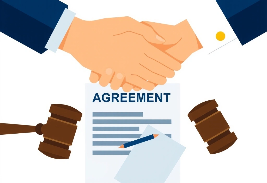 Ilustrace dohody a podmínek, dvě ruce si potřásají nad dokumentem