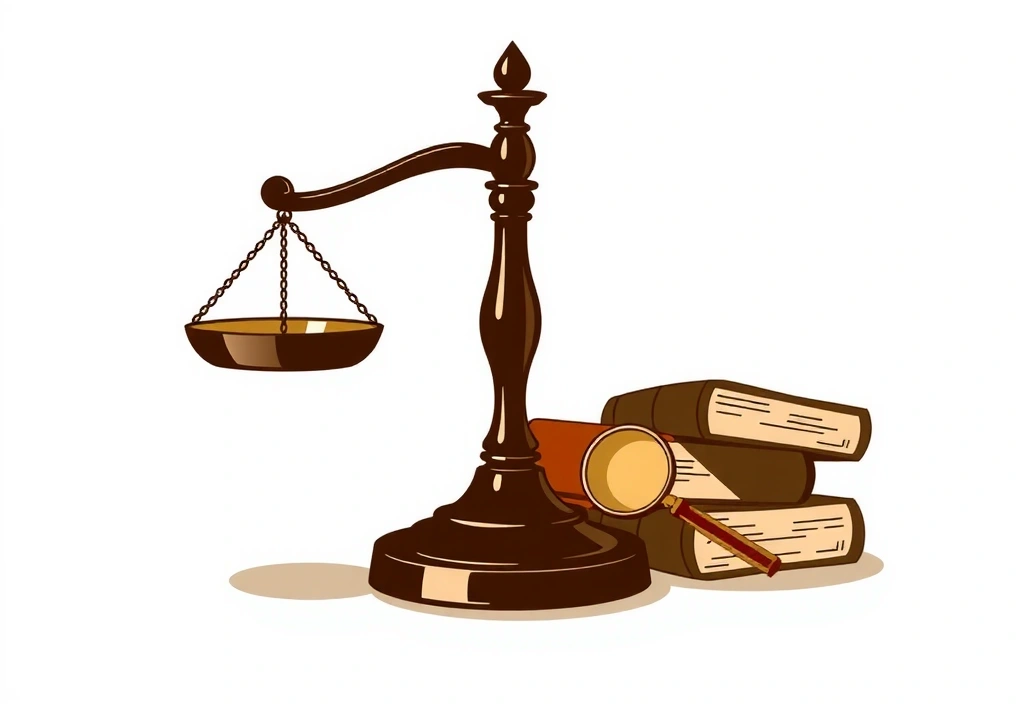 Ilustrace spravedlnosti, váhy a zákona, symbolizující rozhodné právo